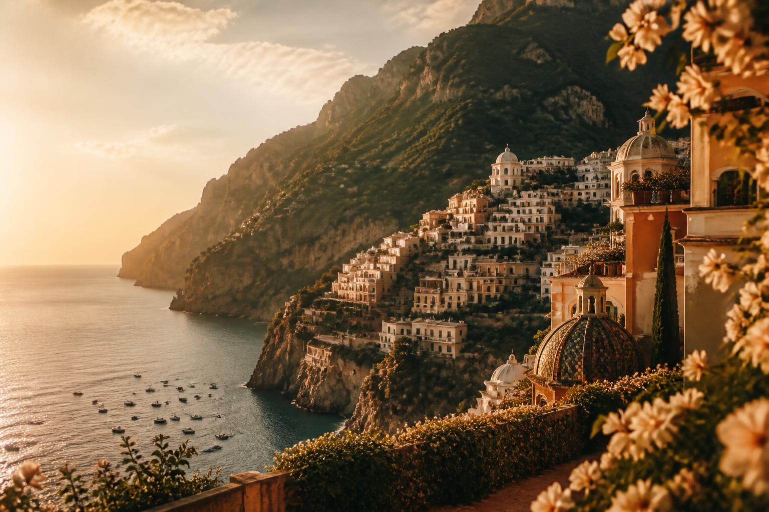 Golden-hour view of the Amalfi coast in Italy